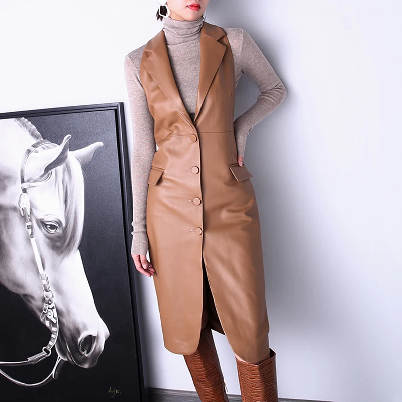 100% Sheepskin Dress Chic Women's Sleeveless Turn-down Collar Single breasted Deep V Ladies Bodycon Skinny Real Leather Dress