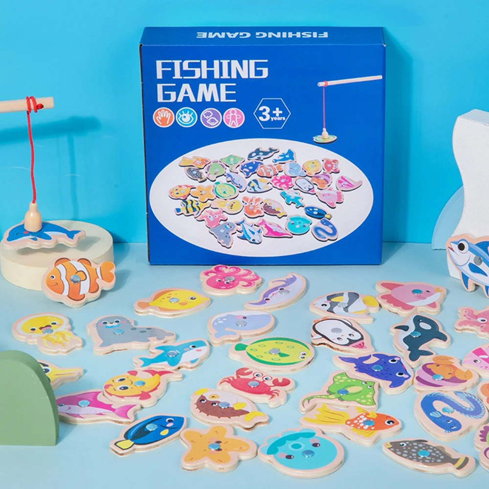 Giocattoli da pesca magnetici in legno cartoni animati per bambini creature Marine giochi di pesce cognitivo educazione interazione genitore-figlio regali per bambini