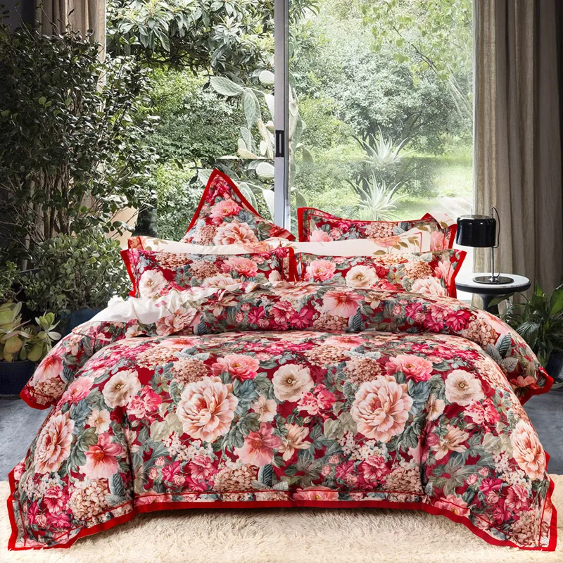 European and American style large flower all cotton ground satin jacquard pure cotton thick bed sheet duvet cover wedding annive