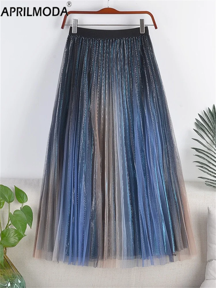 

Модная милая градиентная двухслойная газовая сетчатая юбка с высокой талией, эластичная женская юбка с высокой талией, тонкая повседневная плиссированная женская юбка