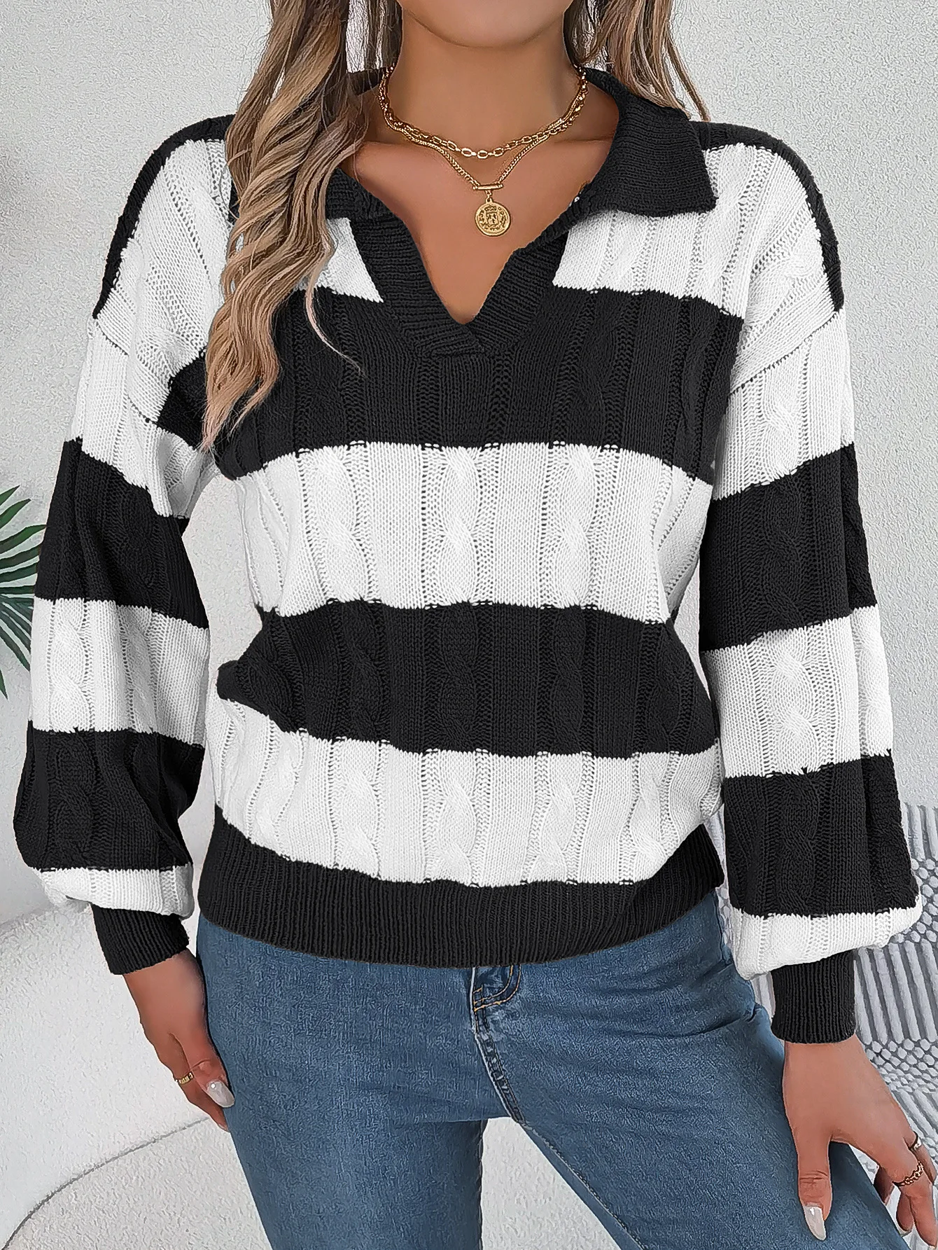 

Women's Color Block Striped Cable Knit Lantern Sleeve Pullover Sweater for Autumn Winter Casual Vacation Wear