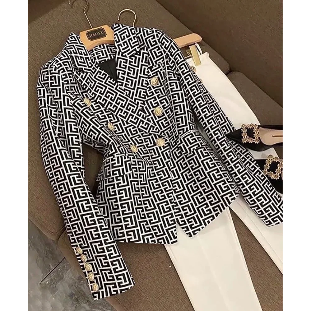 

Elegant Lady Women's Suit Double Breasted Peaked Lapel Fashion Outfit Tailoring Daily Office Trousers Sets Blazer with Pants