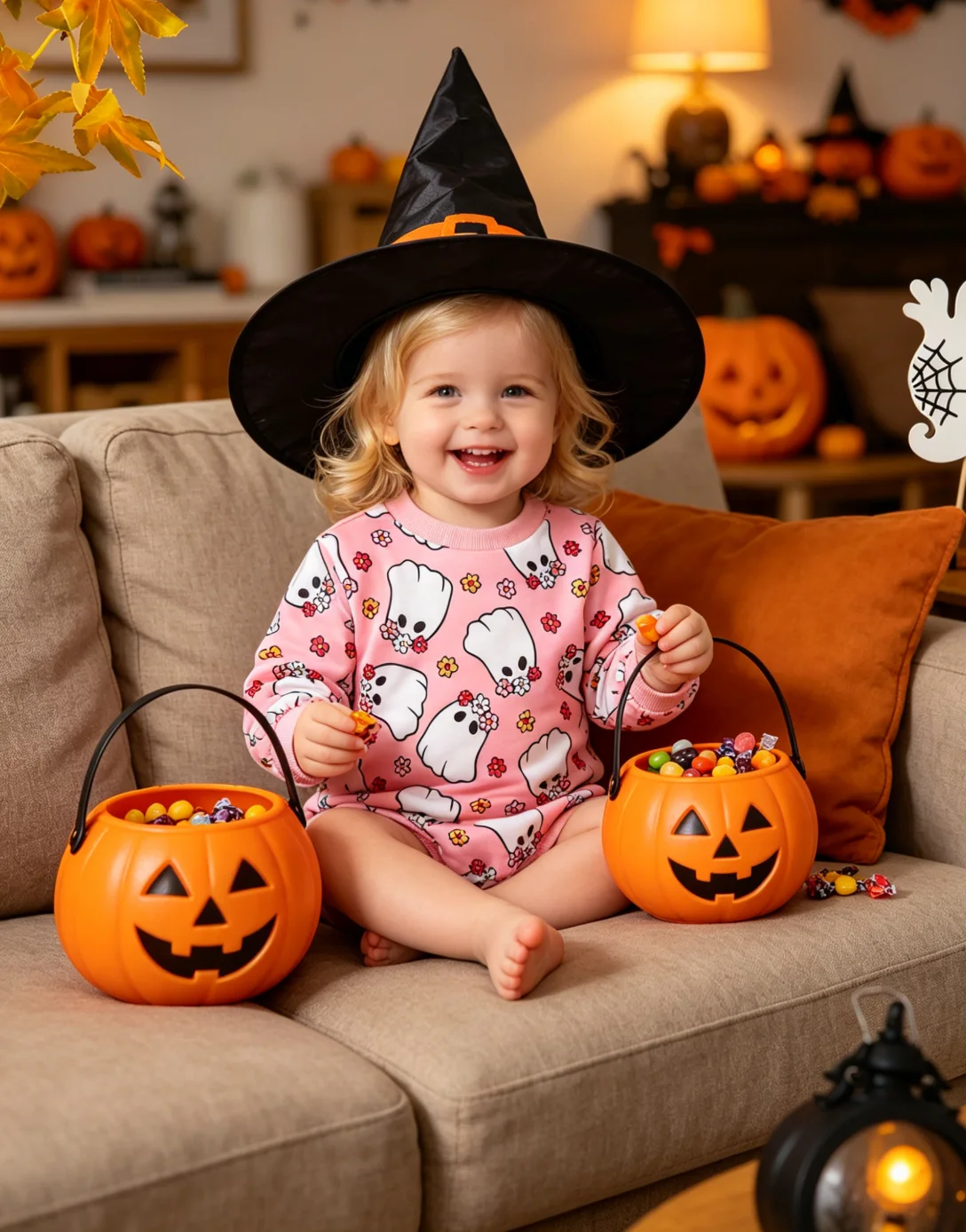 0-1Y Baby Girl My First Halloween Romper Ruffle Long Sleeve Pumpkin Ghost Print Infant Casual Halloween Outfit Jumpsuit