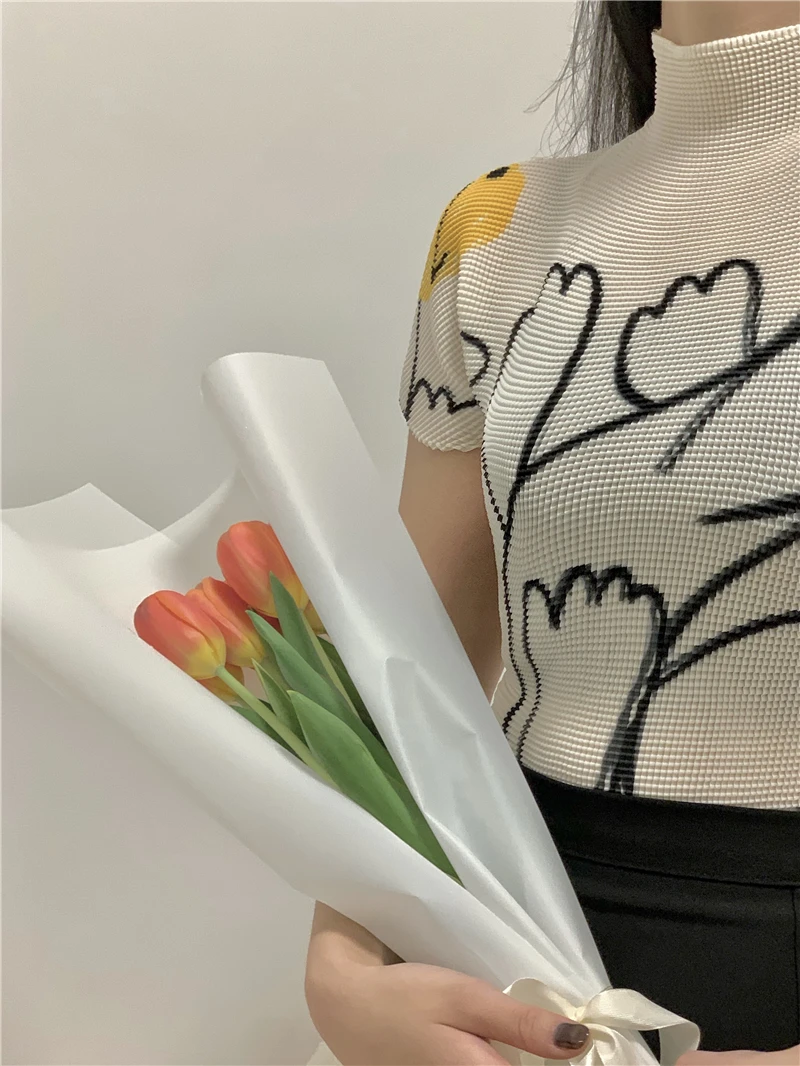 

MOONLET Spring Summer New Sle Women's T-irt Folded Design Versatile ort Sve Printed Cotton Polyester Cute Sle