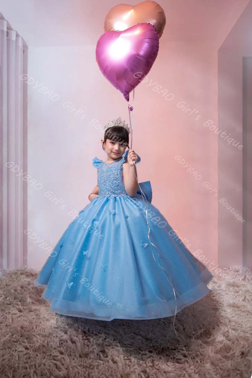 فستان الأميرة للفتيات الأزرق مزين بالخرز من التول فستان فتاة الزهور مع ذيل قابل للانفصال/فيونكة مخصصة للحفلات