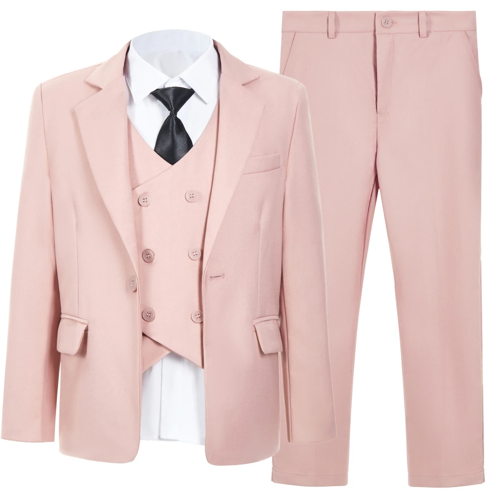 Pink Handsome Suit Set 4 Pieces For Kids Birthday Party Wear Long Sleeved Elegant Boys Slim Fit Suits School Choir Performance