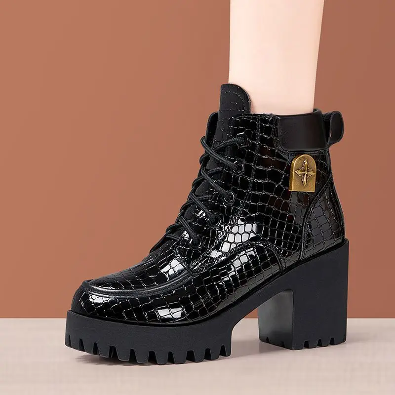 8cm 10cm Small Big Size 33-43 Platform Shoes with Fur Winter 2025 Block High Heels Boots Women's Leather Ankle Motorcycle Boots image 3