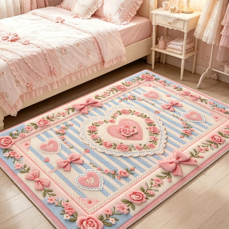 Lolita Style Carpets for Living Room Fluffy Soft Bedroom Decor Girl Carpet Thick Plush Lounge Floor Mat Bedside Bow Pattern Rug