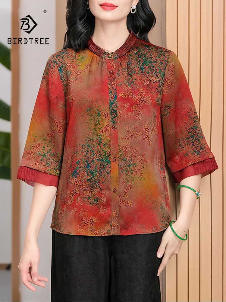 

BirdTree, 100%Real Silk Watered Gauze Shirts, Women Long Sleeve Printed, Loose Oversize Mom Versatile Blouses, Summer T448127QC