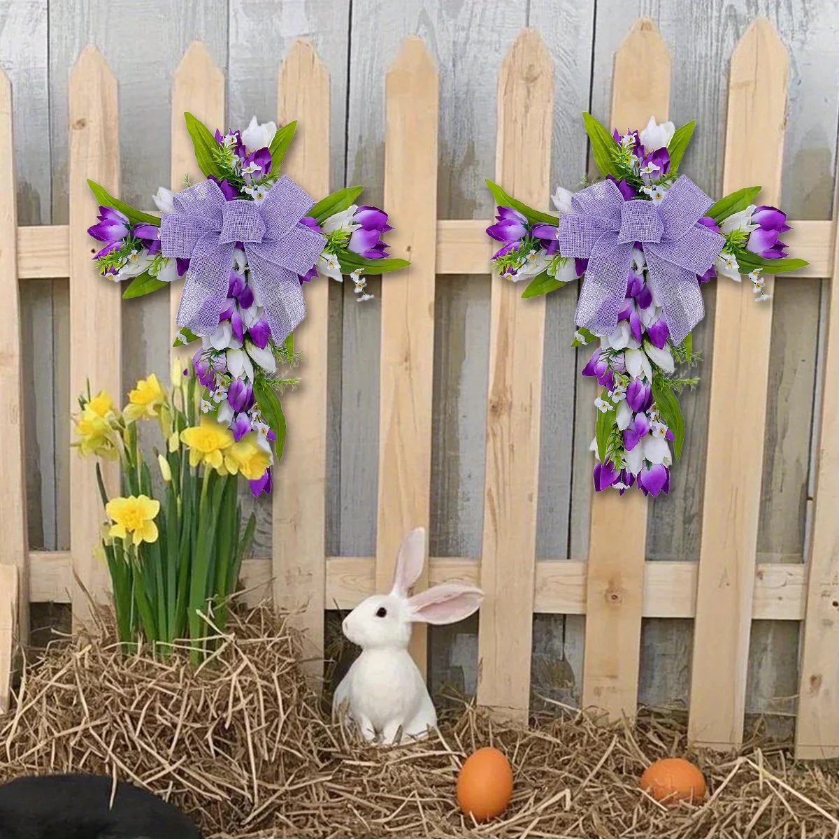 

Tulip Crosses Wreath for Front Door Artificial Spring Easter Religious Crosses Wreath Sign Christian Easter Crosses