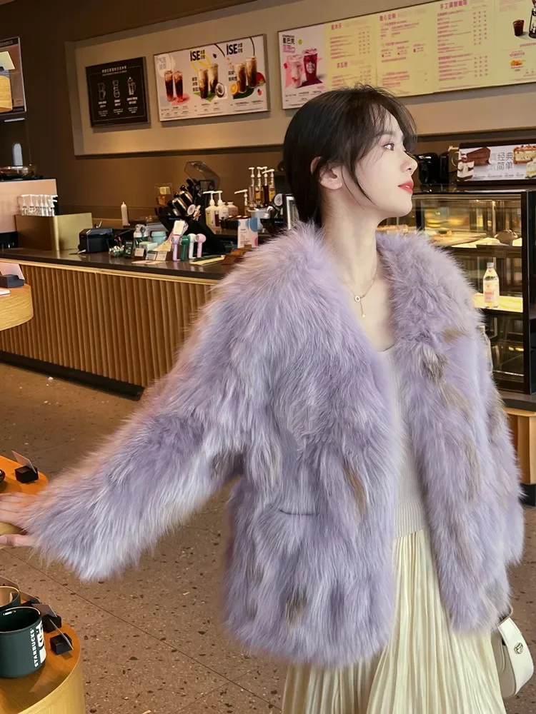 Korean Style V-neck Long Sleeve Women's Fox Fur Coat Winter Commute Slim-Fit Fashion Thickened Fur Stitching Faux Fur Coat