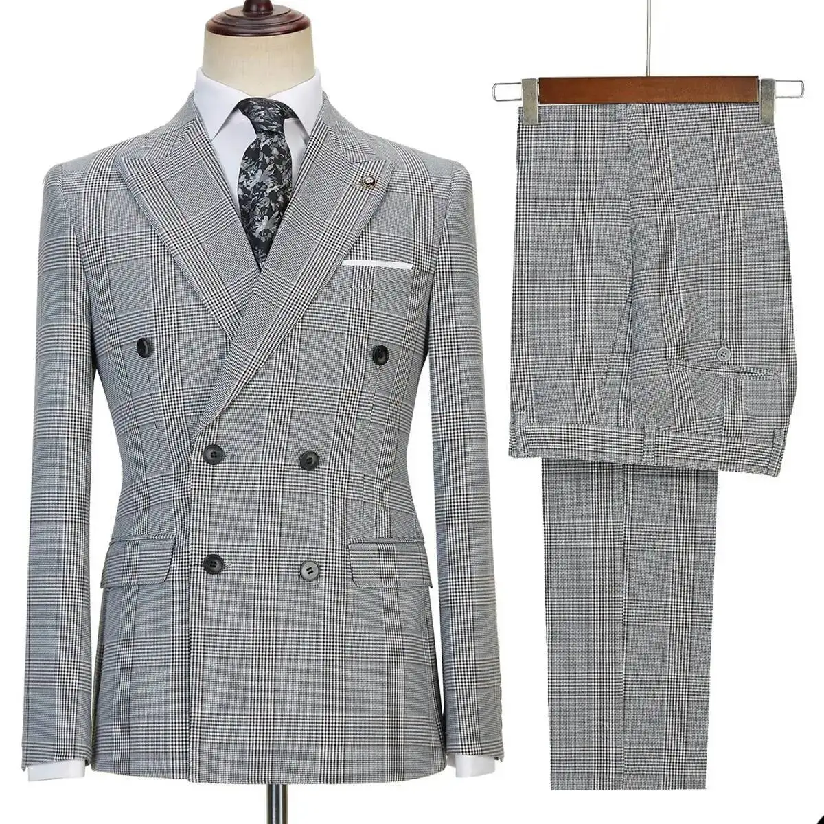 Formal 2 Piece Suit Plaid Checked Men's Tuxedo Customized Double Breasted Blazer Cocktail Business Evenings Dinner Party Prom