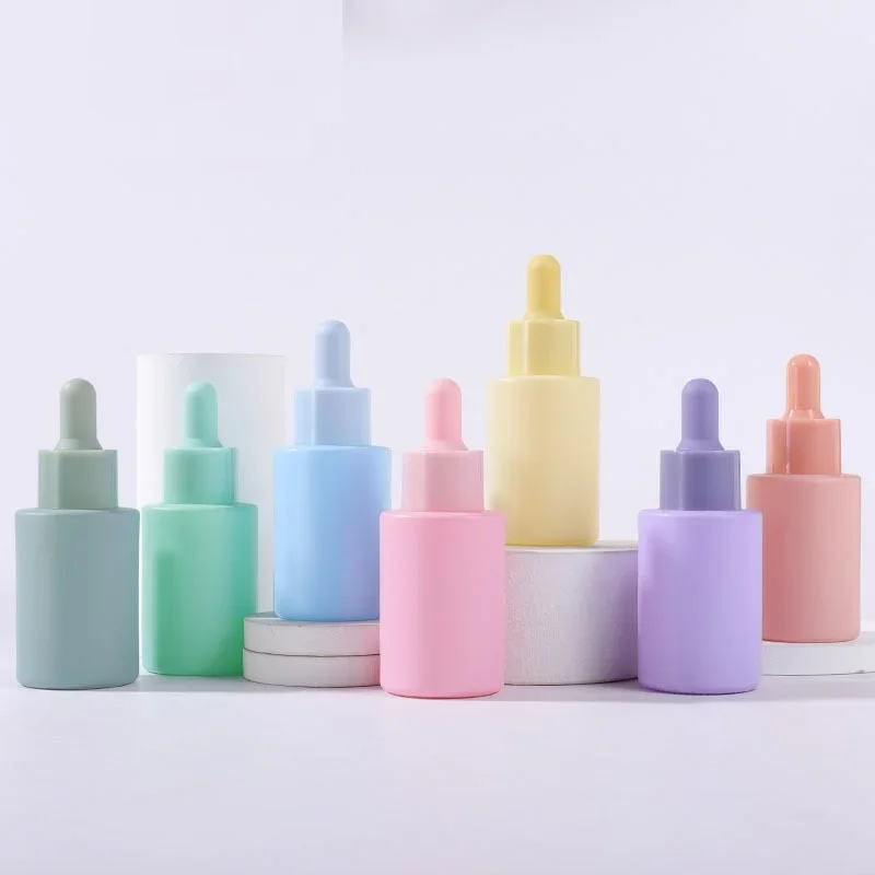 

solid green blue pink purple yellow orange macaron color serum oil glass dropper bottle labels screenprinting,FlatShoulderBottle