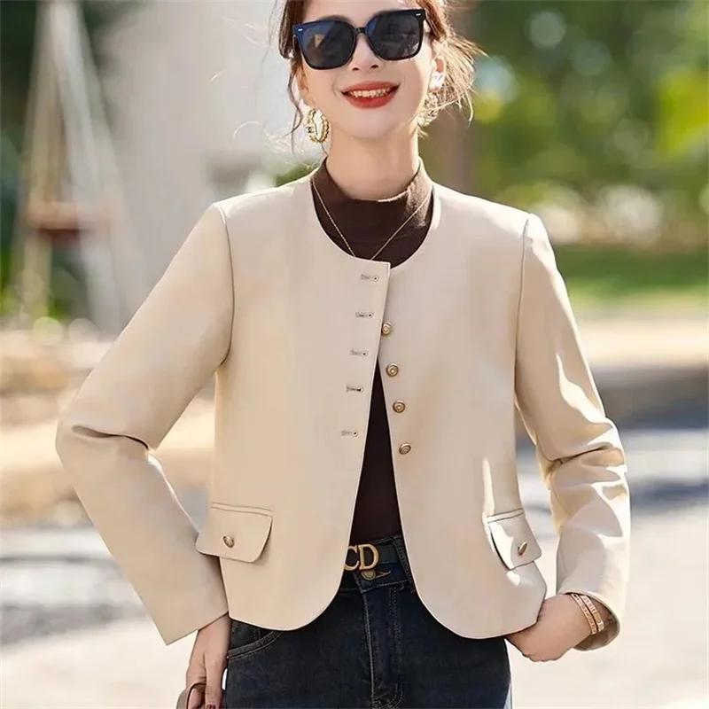 Chaqueta de cuero para mujer, abrigo corto de cuero informal con cuello redondo, moda Retro, primavera y otoño, 2026