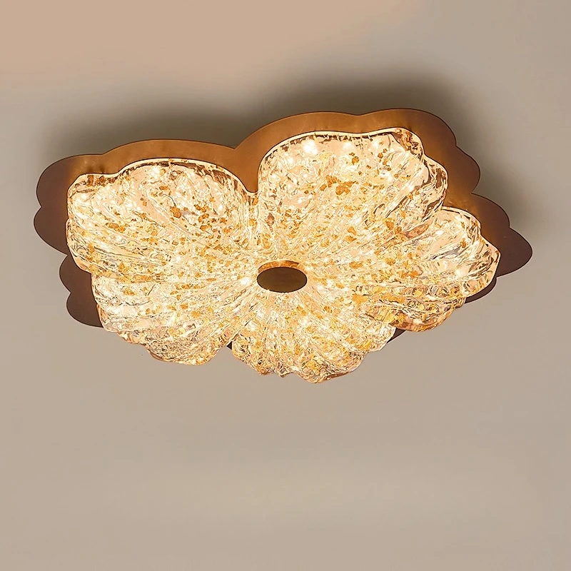 

French Retro Ceiling Light, High-End Gold Foil Petal Bedroom Lamp, Eye-Caring Floral Main Room Fixture for Elegant&Cozy Ambiance