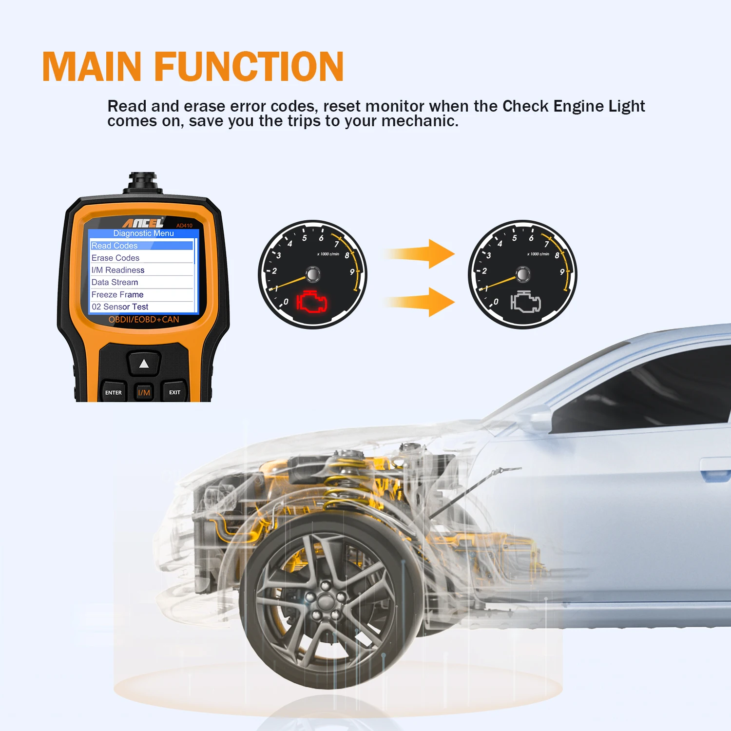 Ancel AD410 OBD2 Scanner Code Reader Car Diagnostic Scan Tool Check Engine Fault Light Emission Analyzer ODB OBD 2 Scan Tool