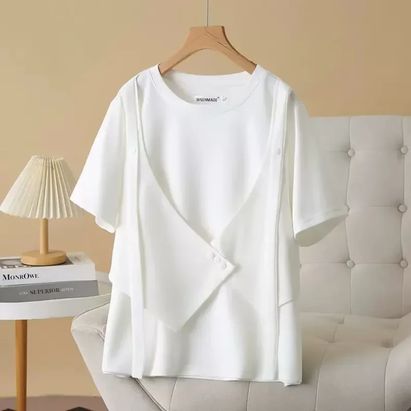 Fashion Fake Two Piece T Shirt Womens Niche Design Sense T-shirt Loose Casual Stitching Vest Button Short Sleeve Tshirt