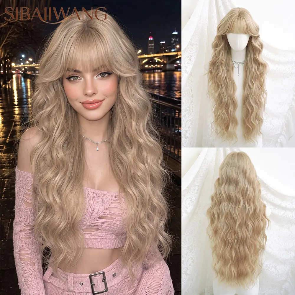 Light Blonde Long Natural Wave Wig With Bangs Heat Resistant Hair For Black Women Natural Middle Part Wig For Daily Cosplay