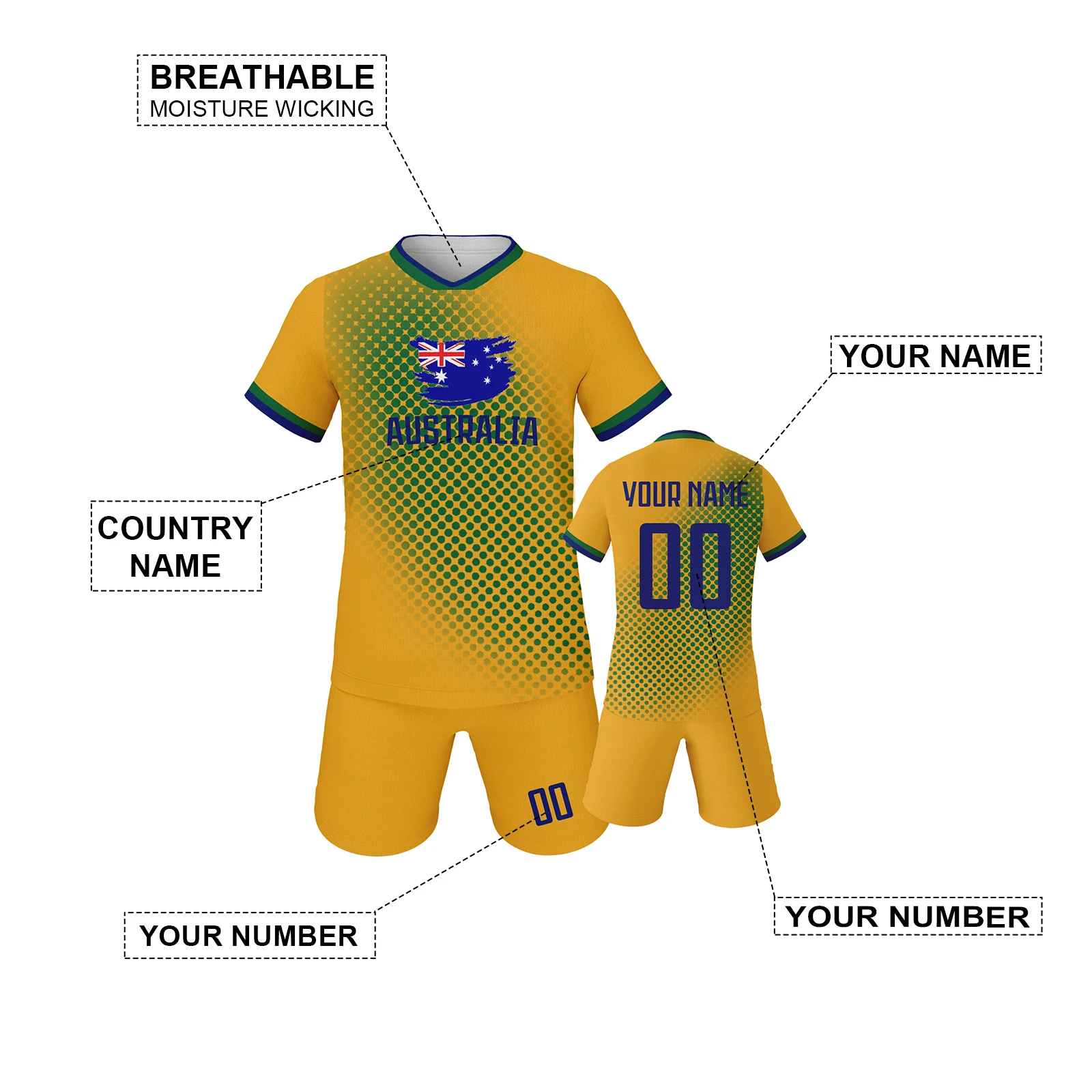 Australia Custom Soccer Jersey Kids Football Uniform Boys Girls Training Kit Set Personalized Team Outfit with Name Number