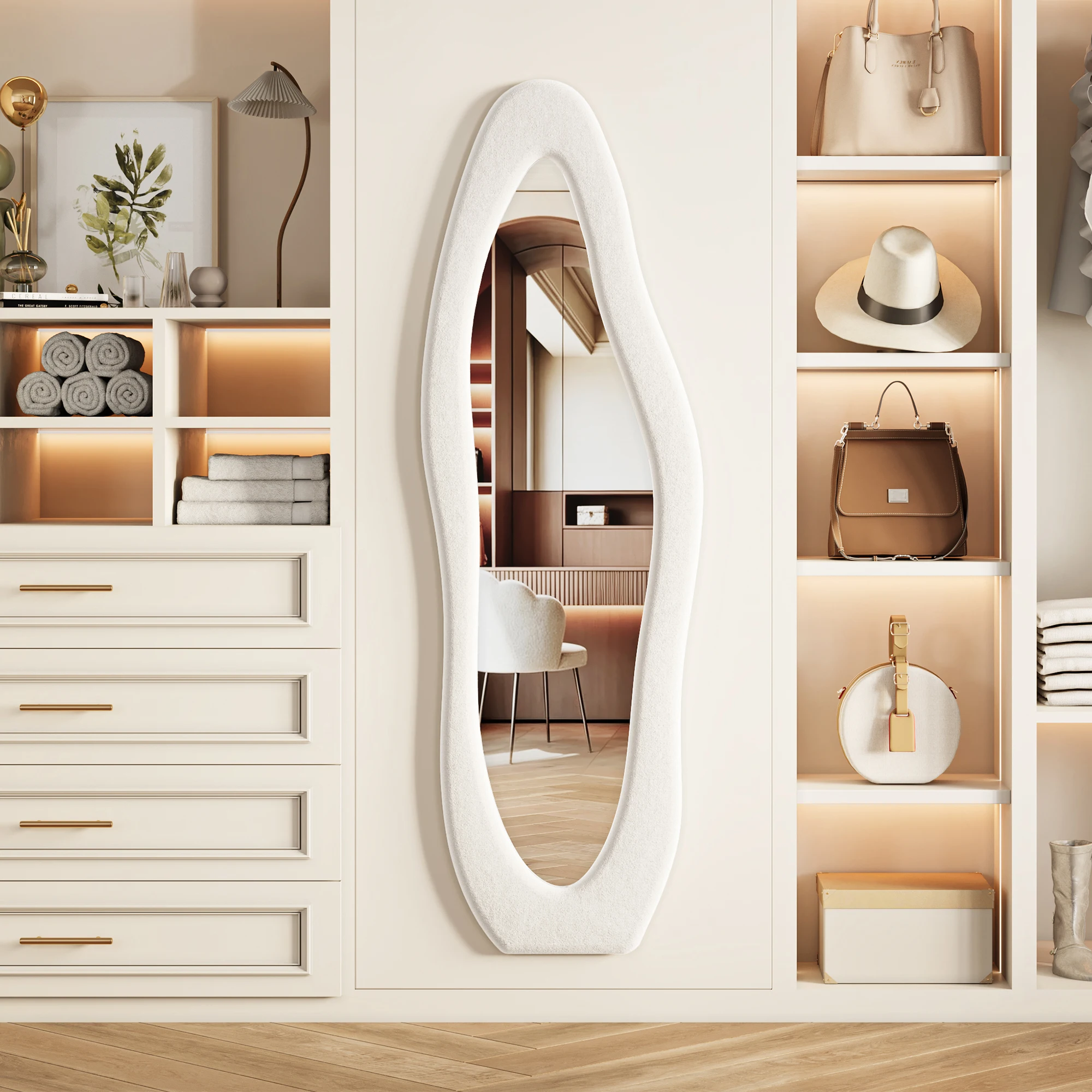 Superaly, specchio a figura intera di stile moderno, dimensioni 160×50 cm, forma irregolare, grande specchio da parete ondulato con supporto, può essere appeso, con cornice in legno, ideale per la