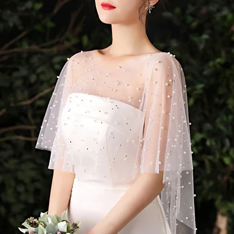 Women Elegant Wedding Shawl Rhinestone Pearls Beaded Sheer Tulle Cover Up Bridal Wrap Soft Women