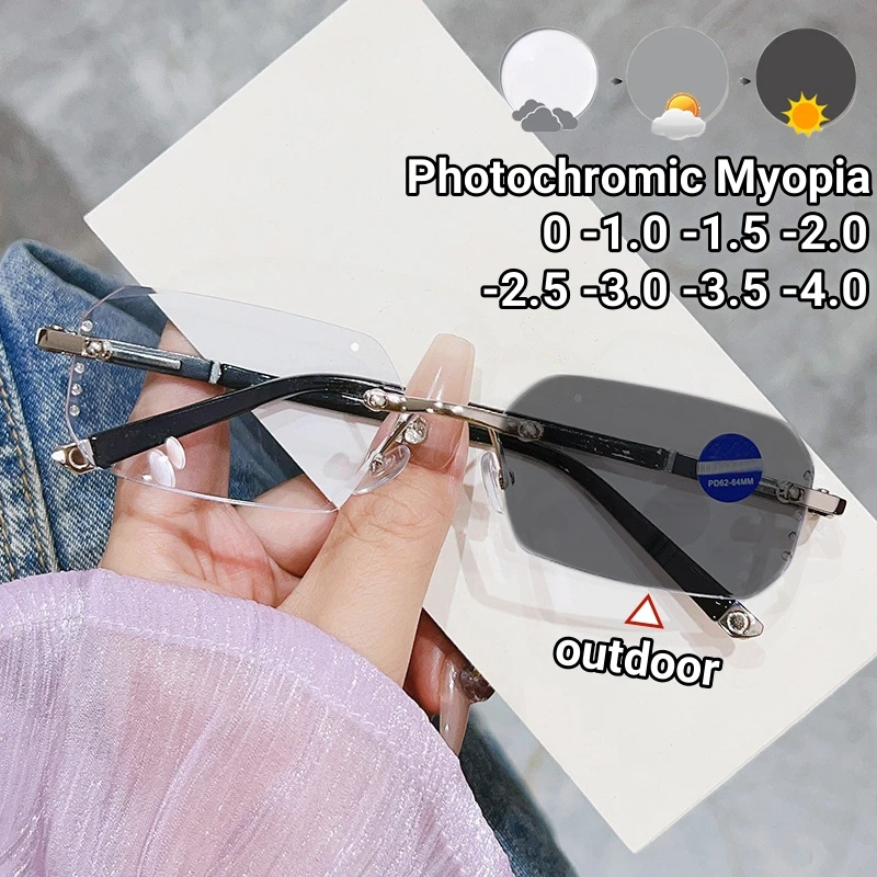 

Finished Frameless Photochromic Myopia Glasses Ultra Light Cut Edge Glasses Anti Blue Light Color Changing Near Sight Eyewear