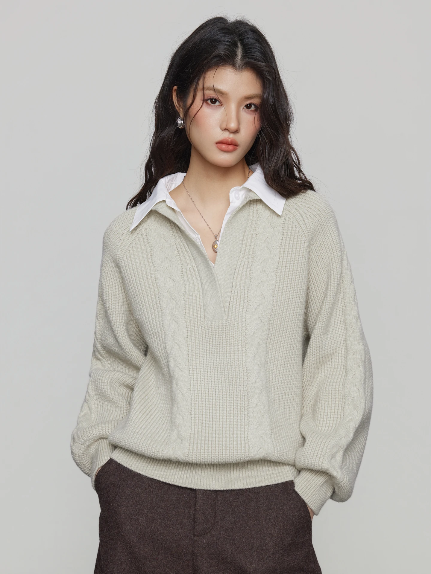 

KEARA Thiened Long Sve Knitted Sweater Women's Autumn Winter Loose Lazy Sle Overhead Thi Commute Top Fake Two-Piece