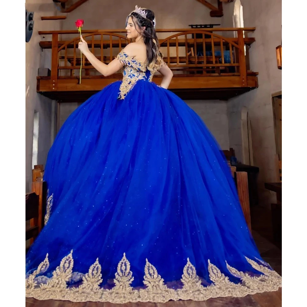 Royal Blue Beading Ball Gown Quinceanera Dresses Gold Appliques Lace Corset Off Shoulder Floor Length Vestidos De 15 Años 2024