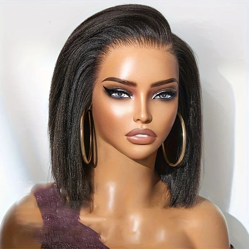 Soft Long 16Inch black Yaki Kinky Straight Lace Front Wig For Women With BabyHair Preplucked Glueless Daily
