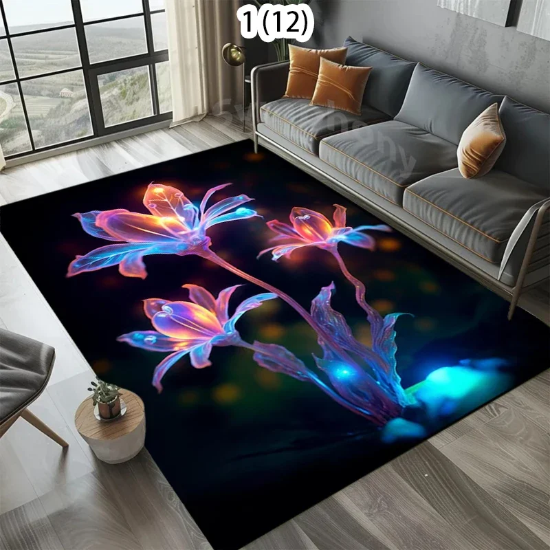 Home Neon Style Colorful Light Lily Cluster Rug Carpet Mat Non-Slip for Living Room Bedroom Vibrant Home Decor
