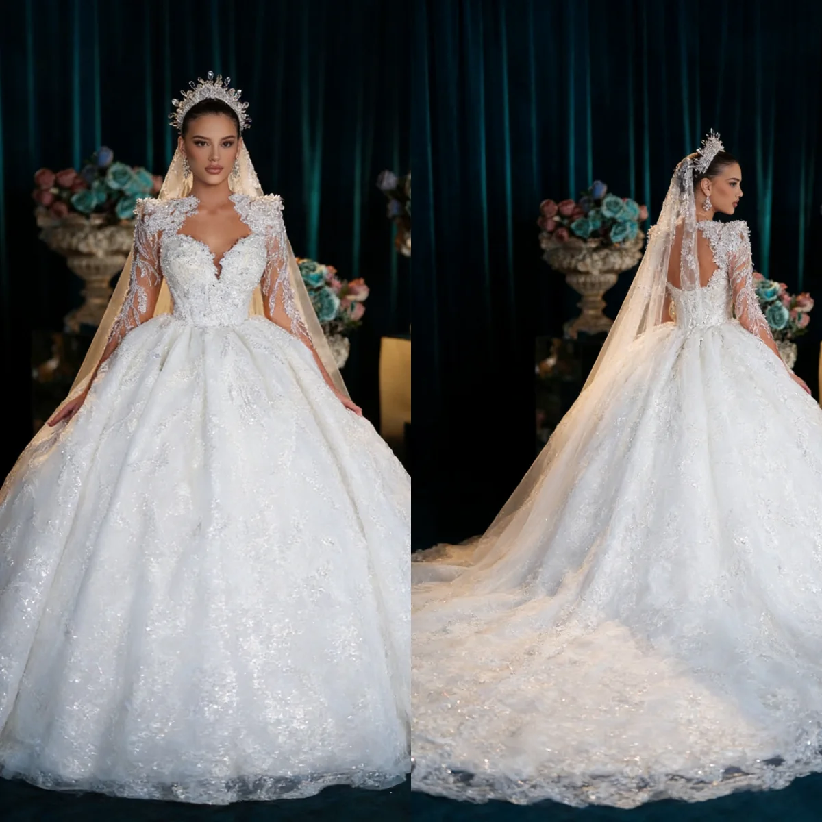 

Custom White Elegant Princess Wedding Dress Long Sleeved Sweetheart Neckline A-Line Sequin Bead Embroidery Vestido De Novia