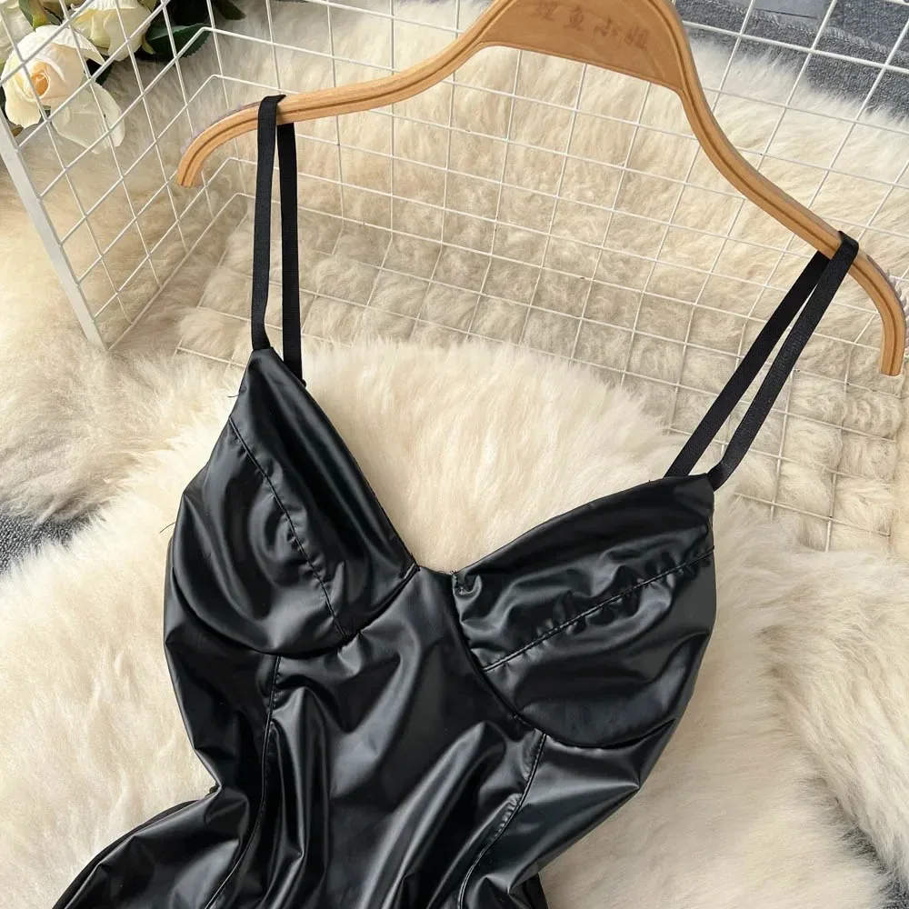Hotsweet V-neck Elegant Sleeveless Chic PU Leather Bodysuits Slim Straps Top Sexy Streetwear High Street Autumn Winter Jumpsuit