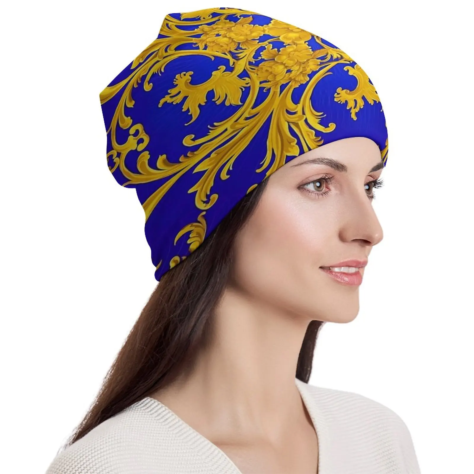 Baroque Print Beanie Hats Blue and Gold Cute Caps Unisex Adult Gym Knit Hat Winter Printed Warm Soft Beanie Hats