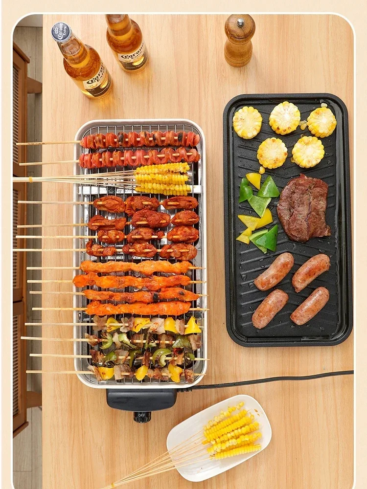 220V Outdoor Electric Barbecue Grill with Grill Pans and Detachable Grates, Smokeless and Non-stick for Home Use