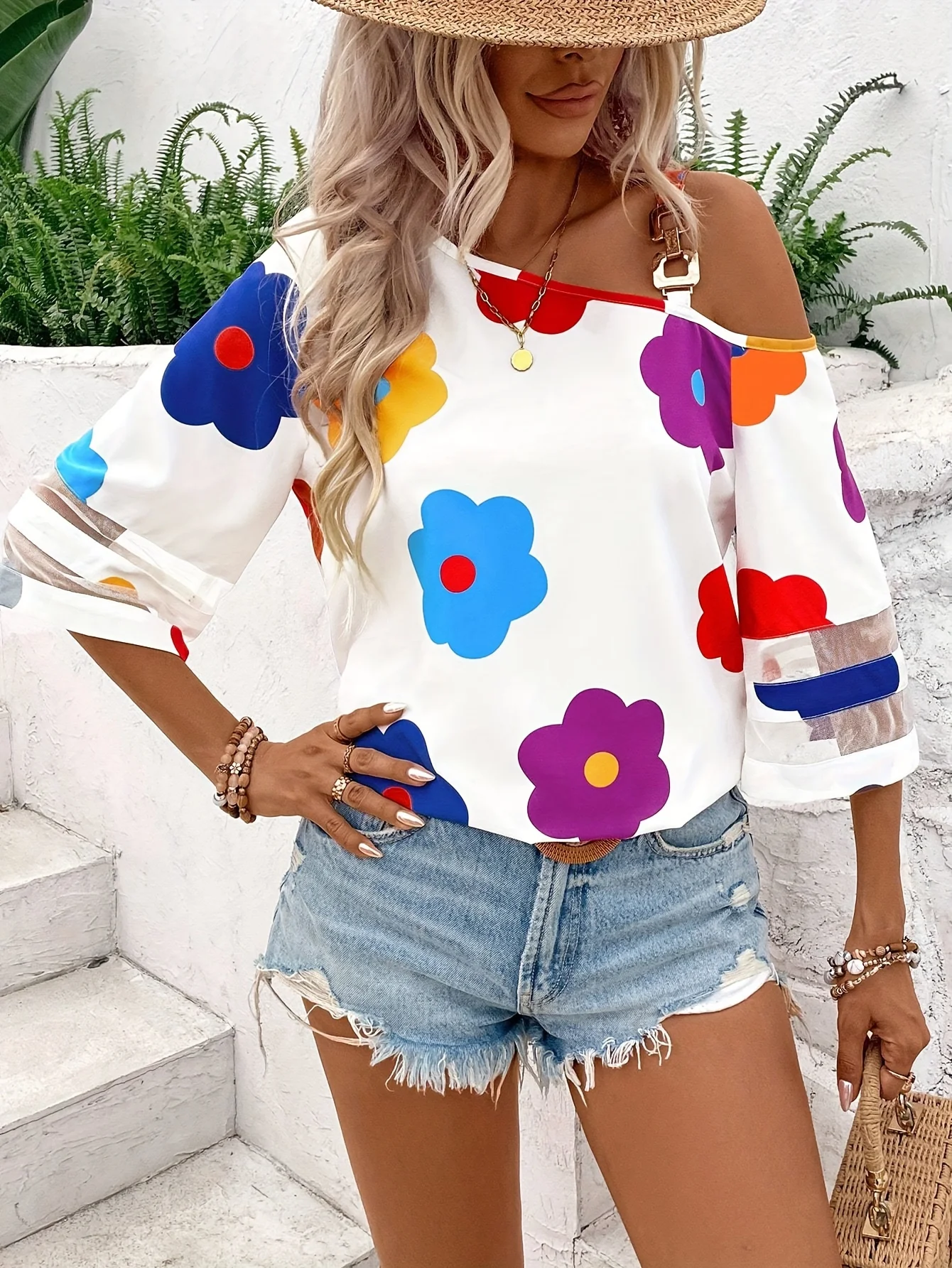 Chemise à col asymétrique pour femme, imprimé floral décontracté, patchwork en maille, décoration circulaire pour les vacances, chemisier d'été