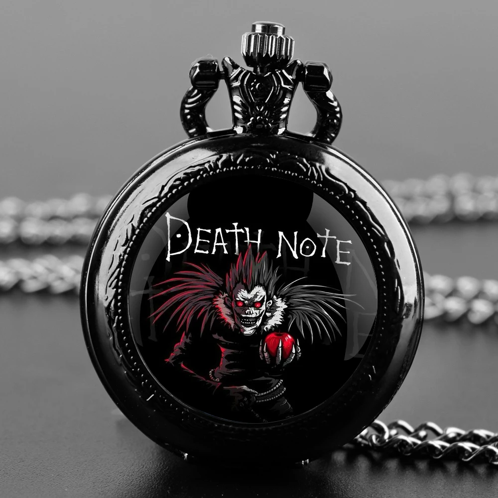 Orologio da tasca al quarzo nero con cupola in vetro Death Note con quadrante con numeri arabi e catena resistente, regalo retrò per uomini e donne