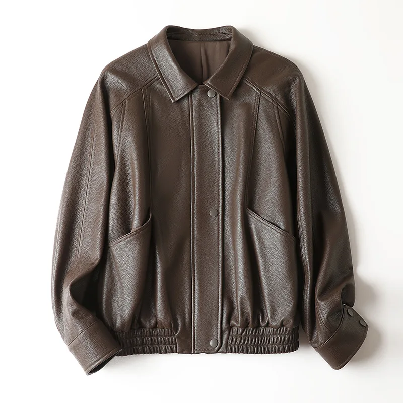 

Женская куртка-бомбер из натуральной овечьей кожи с текстурой личи, повседневная, на молнии, свободного кроя, универсальная, винтажная, коричневая, кожаная, Casaco Feminino