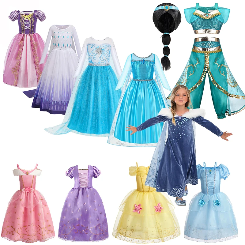 Jasmine Rapunzel Schneekönigin Elsa Prinzessin Kleid Mädchen Mesh Pailletten Kleid Kinder Cosplay Belle Aurora Kostüme Karneval Party Kleider