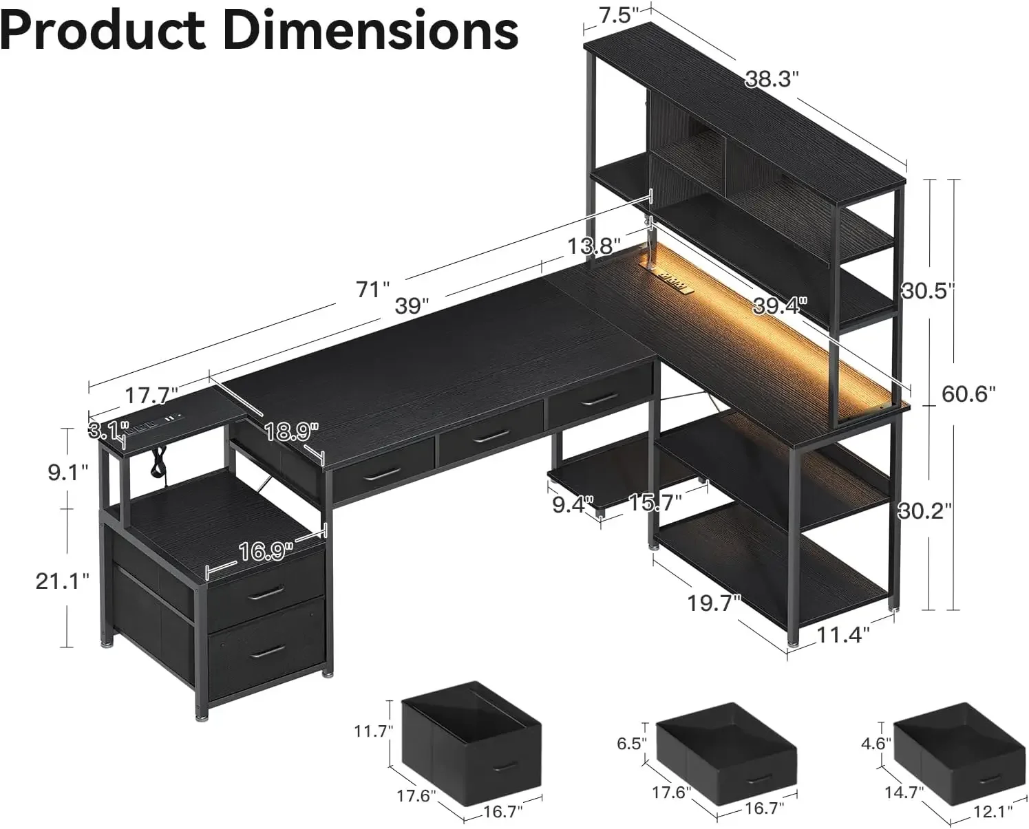 71 inch L Shaped Desk with File Drawers, Reversible L Shaped Gaming Desk with Power Outlets & LED Lights