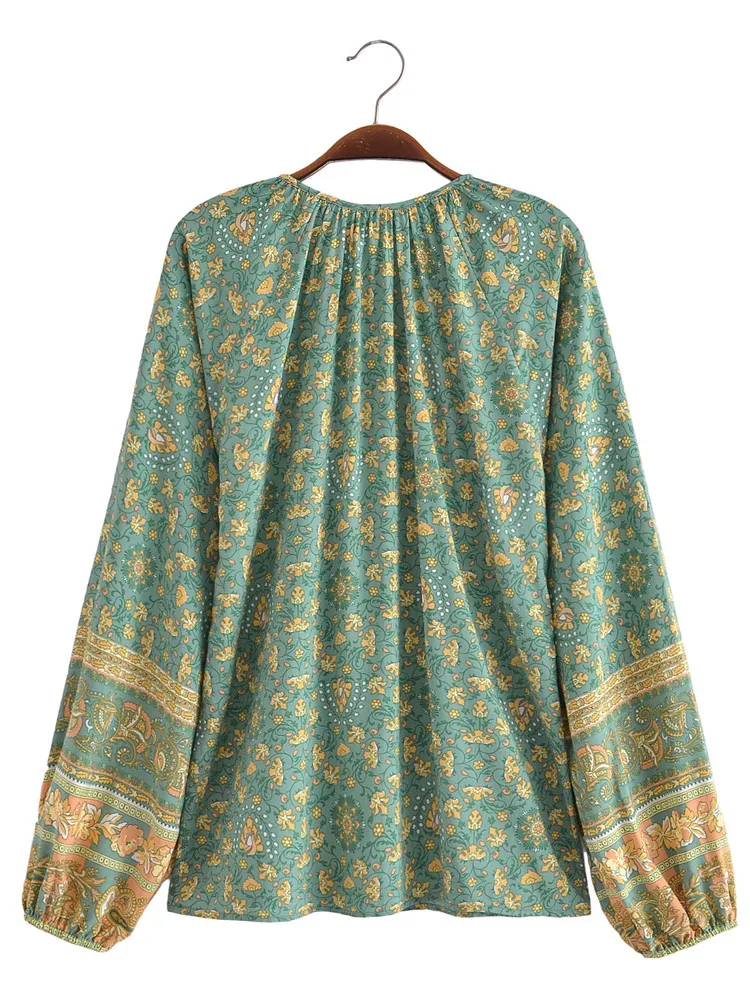 2022 BOHO Light green Flower Print Loose Full Raglan Sleeve Shirt Holiday Women Single-Breasted Button Blouse Beach Cape Tops