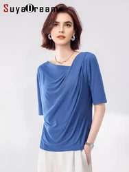 SuyaDream Women Solid T Shirt Real Silk Blend Skew Collar Summer Tee 2025 New Ribs Tops Blue Pink
