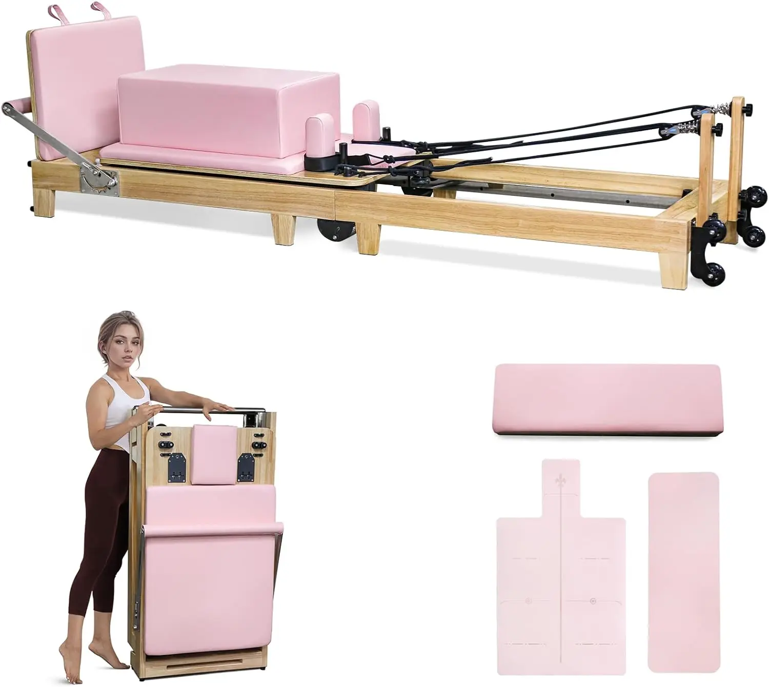 

Deren JIKE Pilates Reformer High Quality Reformer Pilates Fitness Equipment,rubber Wood Foldable Reformer Pilates Machine,PINK