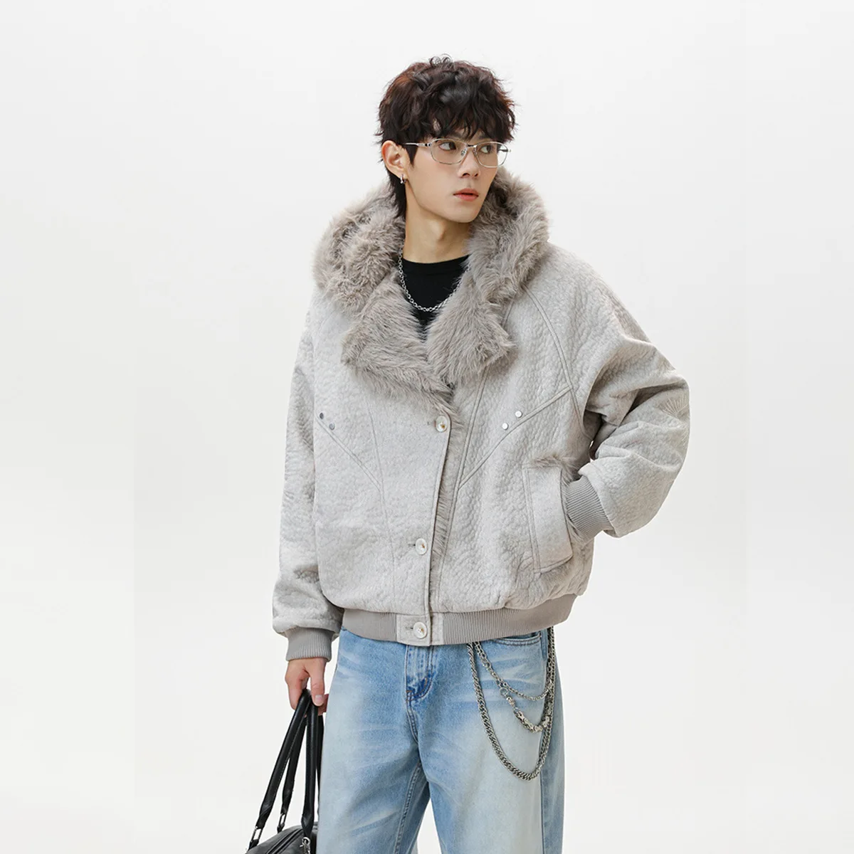 MWJLPWQ العصرية 2025 جديد الشتاء الفراء طوق الصوف سترة جلدية الرجال المتخصصة واحدة الصدر الملمس تصميم معطف القطن 21744 #2