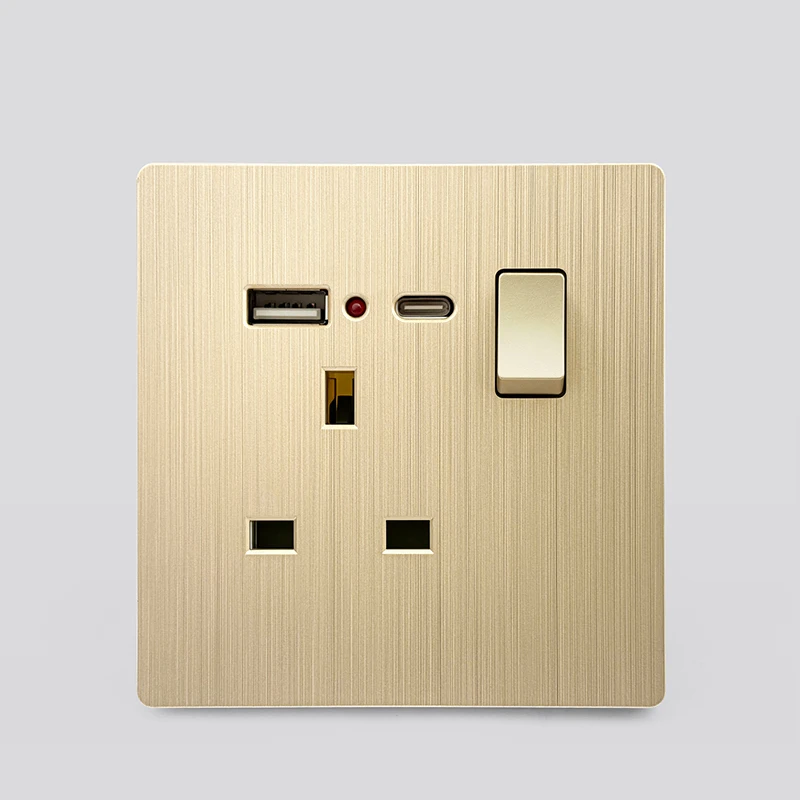 Luxe geborsteld goud ultradunne wand 1/2weg lichtschakelpaneel, EU FR stopcontact, UK universele 3-pins USB C-aansluiting AC 110-250V