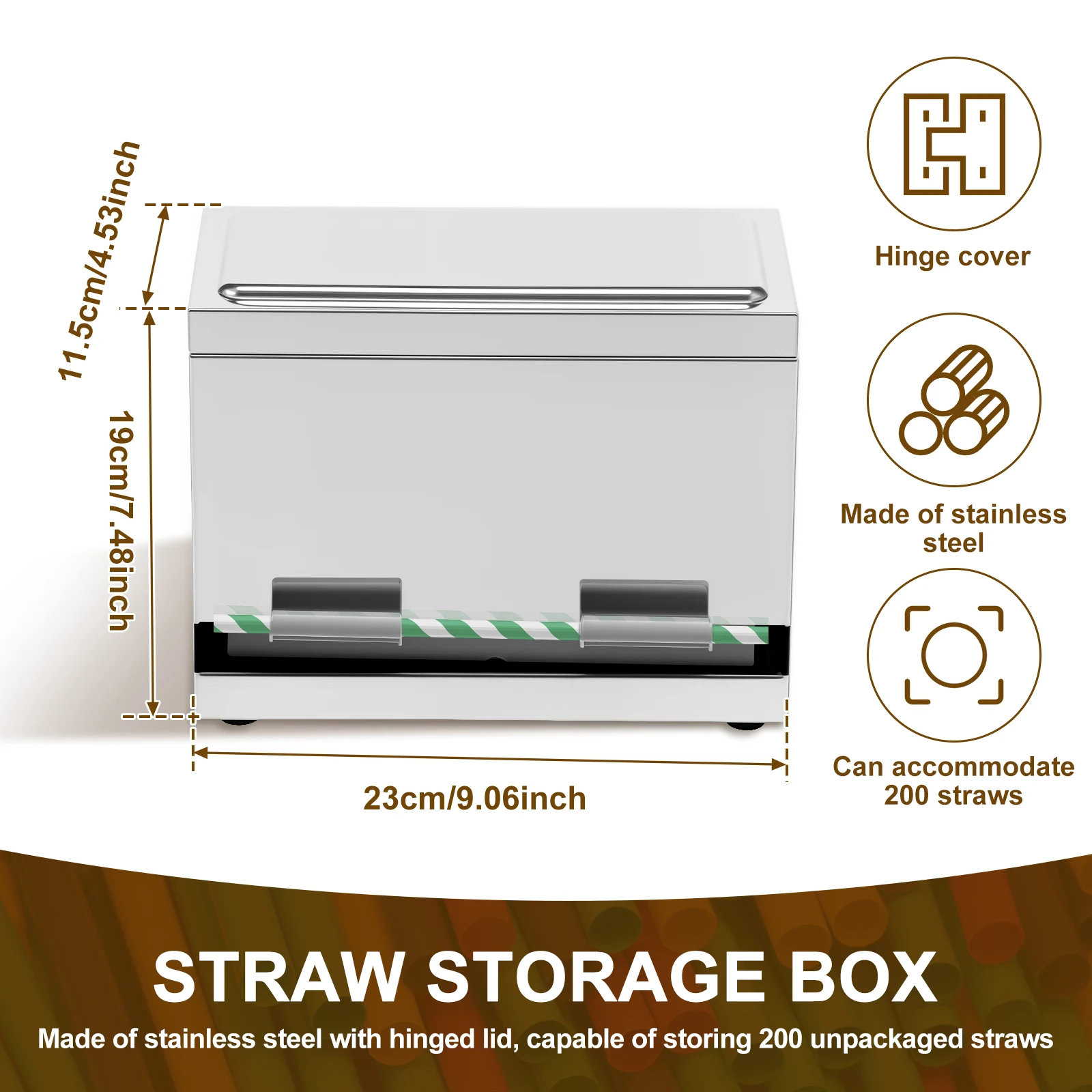 Straw Dispenser Holder Sturdy Easy Clean Straws Dispenser Organizer with Metal Lid Versatile Stainless Steel Straws Storage Box