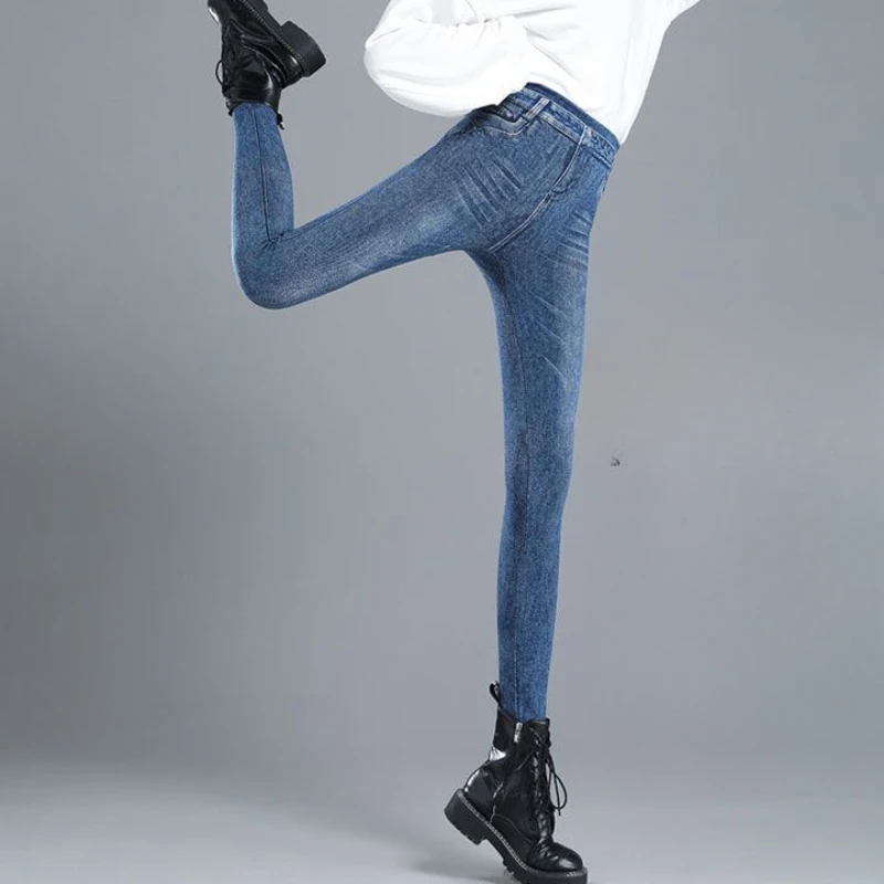 Imitatie Denim Leggings Vrouwen 2023 Nieuwe Hoge Taille Grote Afslankende Potloodbroek Mode Casual Elastische Taille Skinny Broek