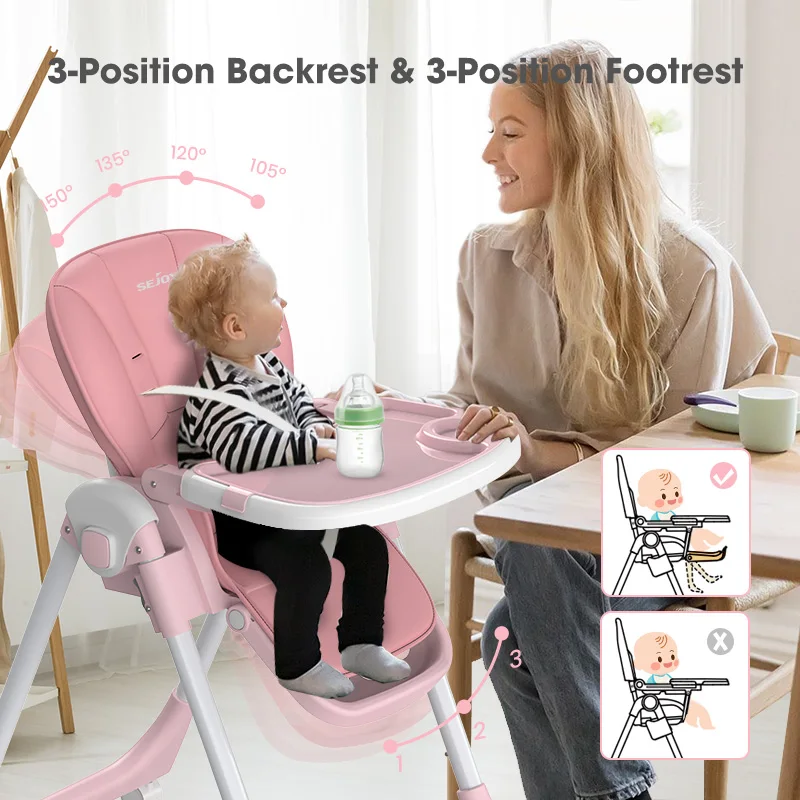 Sejoy Foldable High Chair for Baby Dining Table with Adjustable Backrest,Footrest,Tray,and Seat Height with wheel 6-36 Months