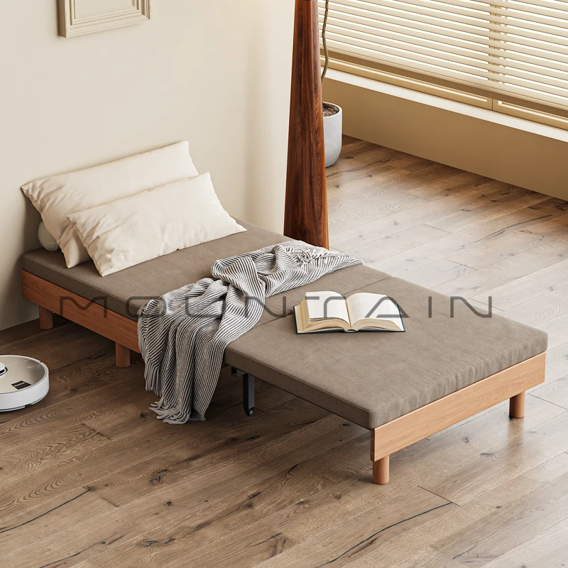 Solid wood sofa dual-purpose small apartment foldable push-pull sitting and lying multi-functional telescopic bed