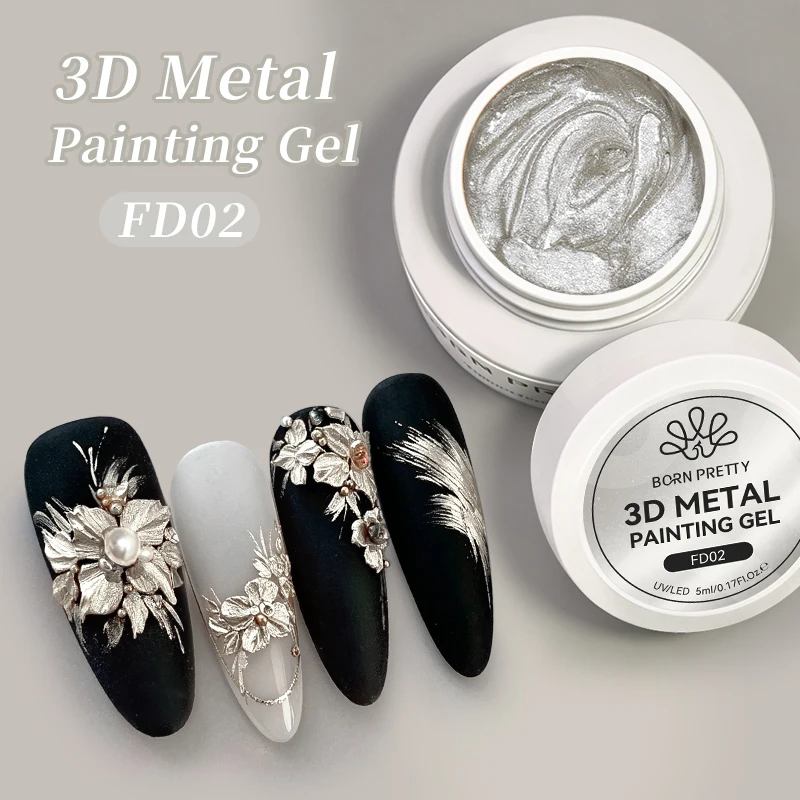 BORN PRETTY 5ml Gold Silber 3D Metall Nagelgel-Lack, Schnitzgel mit Gips-Textur, Geprägtes Nagelgel für DIY Maniküre-Kunst