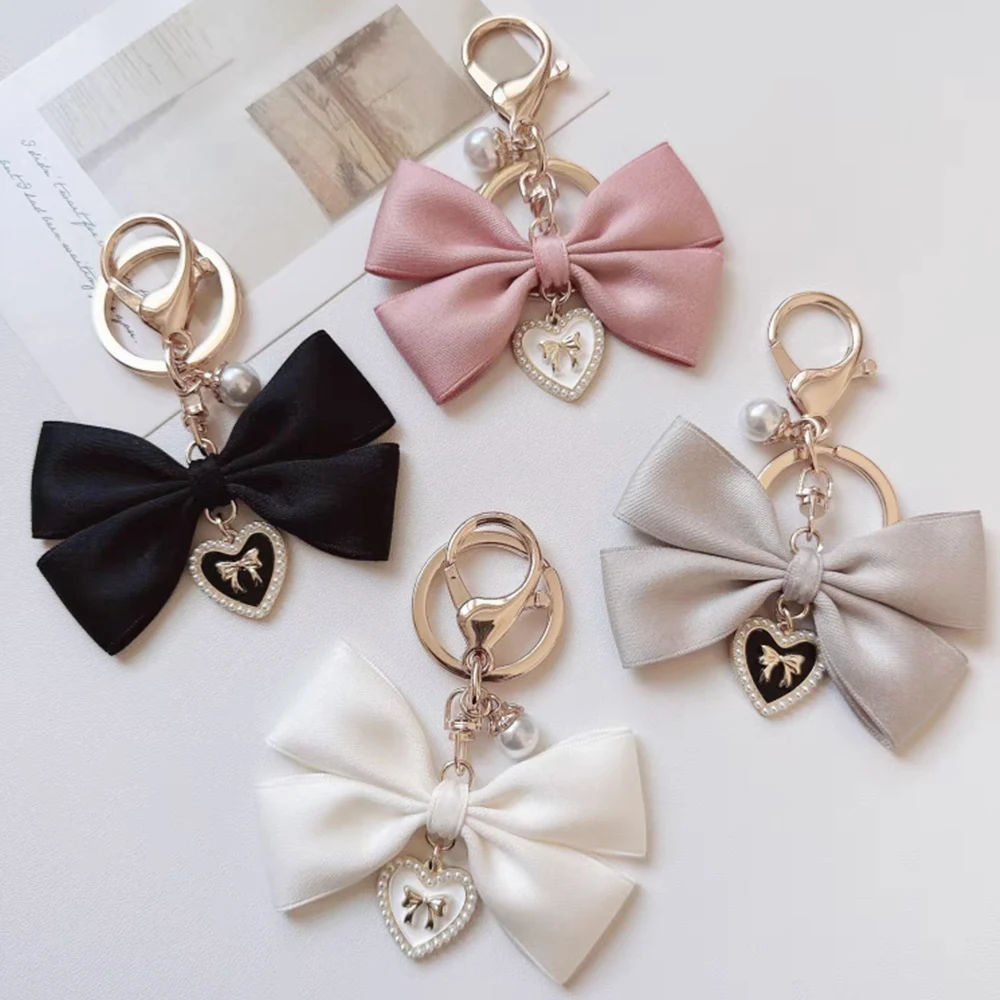 Imitation Pearl Keychain Sweet Fashion Ribbon Bowknot Keyring Accessories Metal Buckle Women Bag Charms Best Gifts Jewelry